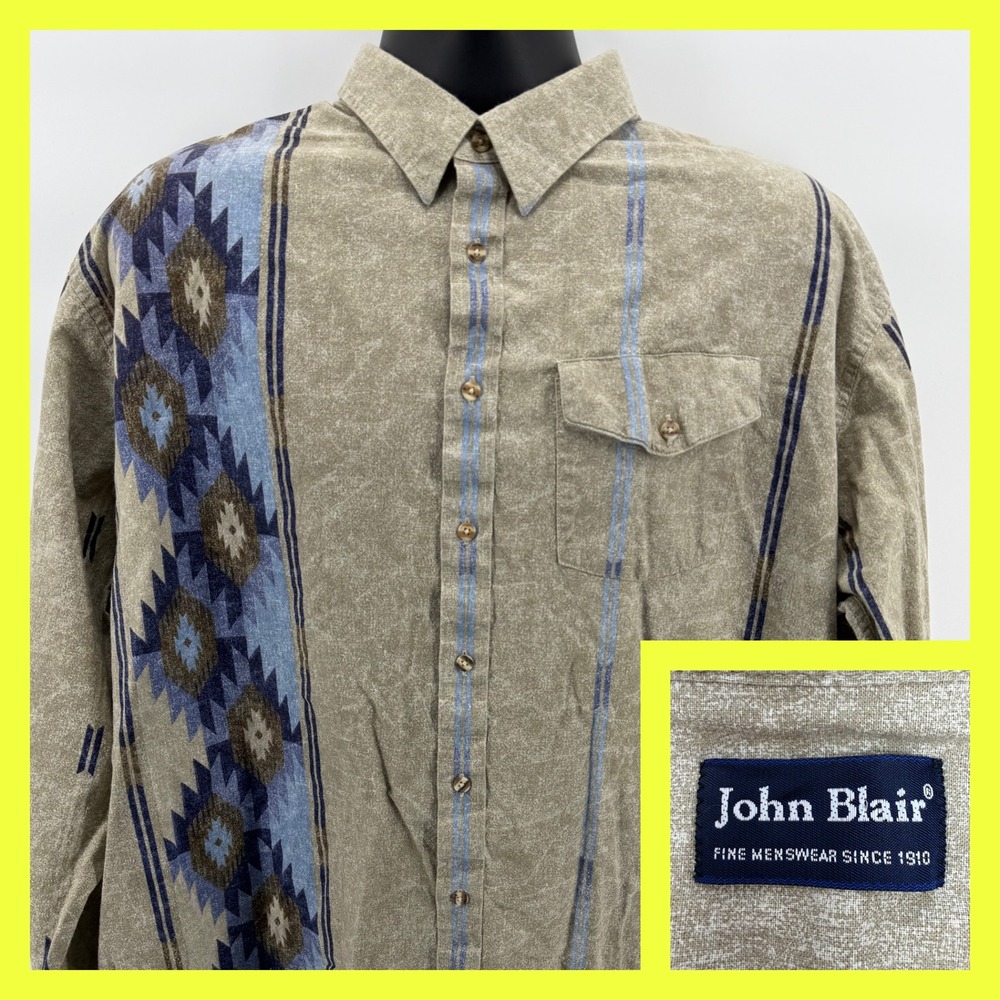John Blair Mens Southwest Aztec Print Button Down Shirt‎ XL Western Vintage